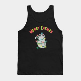 Merry Catmas Cat wrappaed in Christmas Lights Tank Top